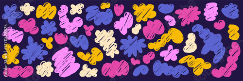 Abstract brush texture blobs with crayon and chalk doodle cloud shapes set.