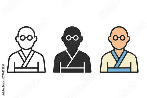 Minimalist Sensei Icons. Minimalist sensei icon: three identical martial arts instructor icons in a row, first in line style with