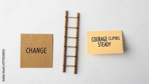 Wooden ladder and handwritten motivational notes on white wall