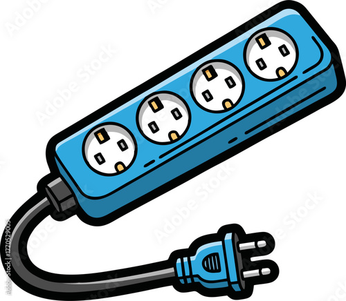 Blue Power Strip with Four Outlets and Black Cord.