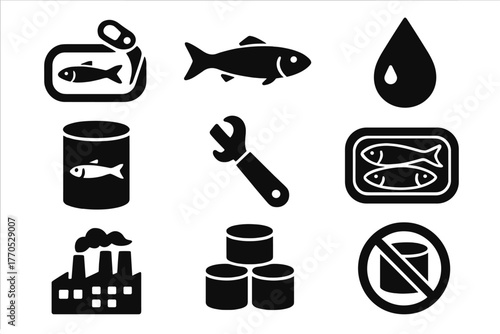 Sardine Canning Icons. Solid style icons of Sardine Canning: Tin, Fish, Oil, Label, Can Opener, Packed Fish, Factory, Stack, No