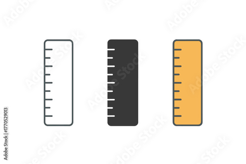 Minimalist Ruler Icons. Minimalist ruler icon: three identical straight rulers with tick marks in a row, first in line style with