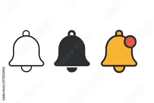 Minimalist Bell Icons. Minimalist bell with dot icon: three identical bells each with a small circle in the corner in a row, first
