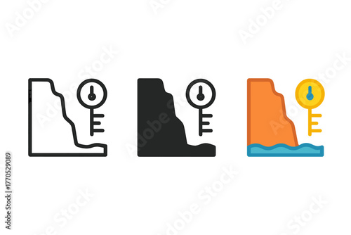 Cliff Monitoring Icons. Minimalist cliff monitoring icon: three identical cliff with measurement tools icons in a row, first in