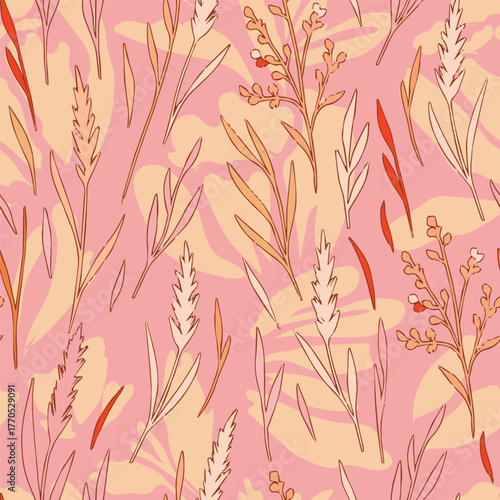 Floral brush strokes seamless pattern. Miscanthus sinensis vector illustration for fashion textile, graphics, backgrounds and crafts