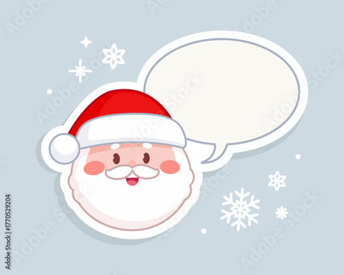 Funny Santa Claus Face sticker in kawaii style with speech bubble . Cartoon Santa Claus Head with text bubble for Christmas design. Editable vector template