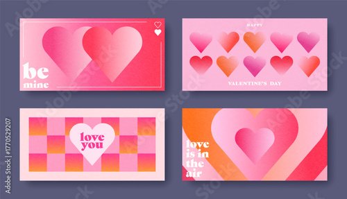 Modern horizontal backgrounds set of Valentines Day and Love. Abstract concept for celebration with hearts, texture. Gradient vintage design for print, card, poster, banner, invitation