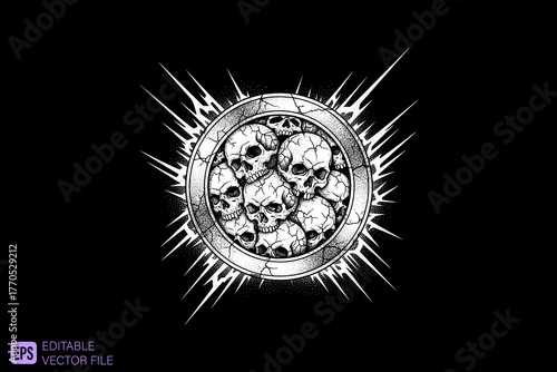 Pile of Skulls in a Circular Frame with Spikes.