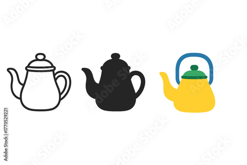 Minimalist Kettle Trio. Minimalist kettle icon: three identical traditional kettles in a row, first in line style with thin