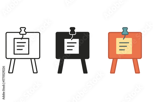 Minimalist Quest Board Icons. Minimalist quest board icon: three identical quest boards with pinned notes in a row, first in line