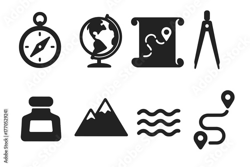 Cartography Icon Set. Solid style icons of Cartography: Compass, Globe, Map Scroll, Divider Tool, Inkwell, Mountains, Sea Waves,