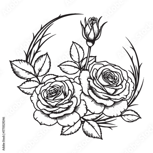 Elegant black and white rose wreath with thorns and bud illustration.