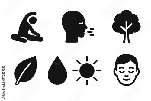 Mindful Stretching Icons. Solid style icons of Mindful Stretching: Pose, Breath, Mat, Tree, Leaf, Water Drop, Sun, Calm Expression