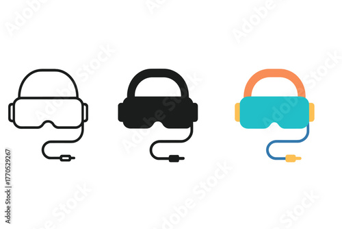 VR Headset Icons. Minimalist headset with cable icon: three identical wired VR headset icons in a row, first in line style with