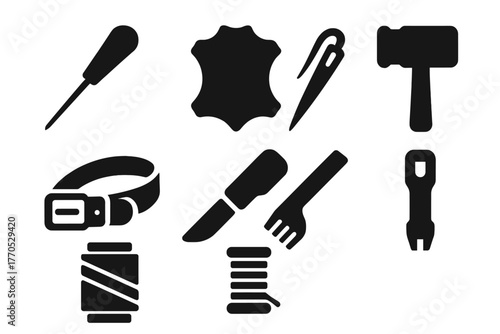 Leatherworking Tools Icons. Solid style icons of leatherworking: awl, hide sheet, stitching needle, mallet, leather belt, cutting