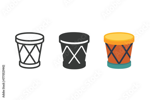 Minimal Drum Icons. Minimalist drum icon: three identical hand drum icons in a row, first in line style with thin outline, second