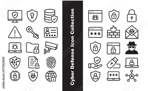 Cyber Defense and Security Line Icon Set: Data Protection, Digital Privacy, Hacking Prevention Vector Collection