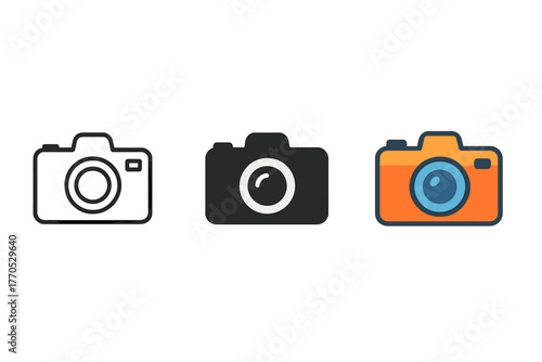Minimalist Camera Variety. Minimalist camera travel icon: three identical compact cameras with lens in front in a row, first in