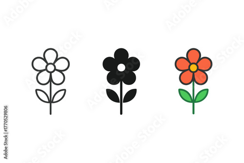Minimalist Flower Icons. Minimalist flower icon: three identical flowers with five petals each in a row, first in line style with