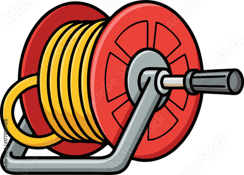 Cartoon illustration of a red and yellow cable reel with handle.