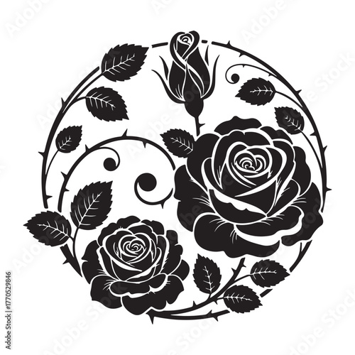 Elegant circular rose floral design with thorns and swirling vines in dark silhouette.