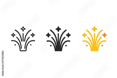 Minimalist Fireworks Trio. Minimalist fireworks icon: three identical bursting fireworks with spark lines in a row, first in line