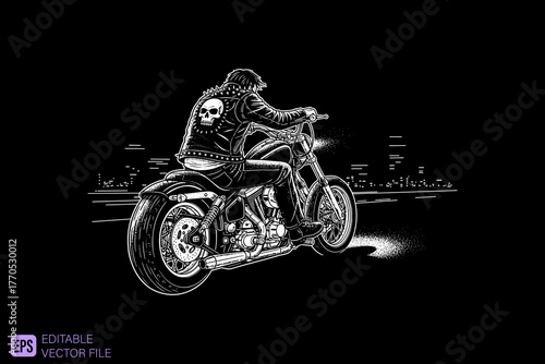 Motorcyclist riding a classic chopper motorcycle with a skull ja