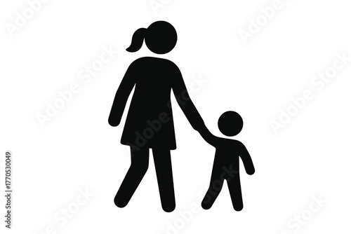 Single black solid icon showing a mother and child walking together, representing independence, motherhood, and affection, ideal for social design and awareness projects.