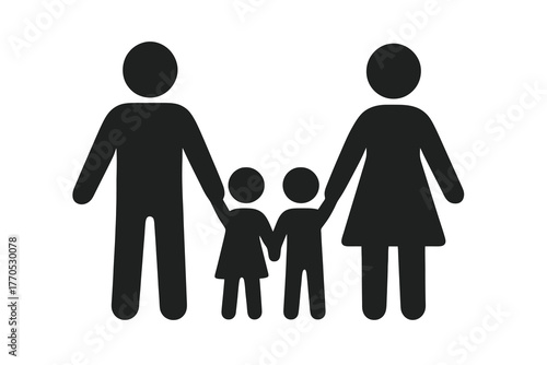 Black glyph vector icon of a family with two parents and two children holding hands, symbolizing unity, protection, and togetherness, perfect for family and community visuals.