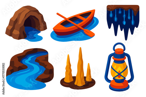 Subterranean River Adventure. Isometric vector illustration set Subterranean River: Cave, Canoe, Glowworms, Underground Water,