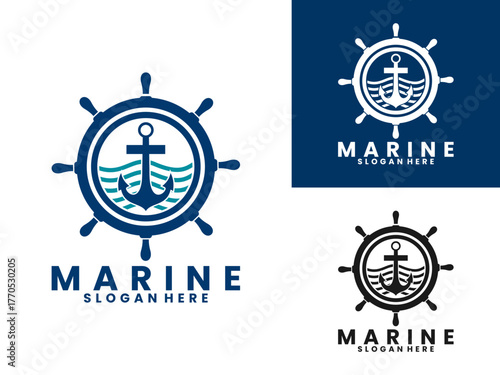 Marine with ship steering wheel and anchor logo design vector template