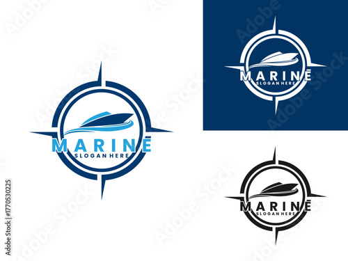 Ship compass logo design icon. Marine with boat and compass logo design vector template