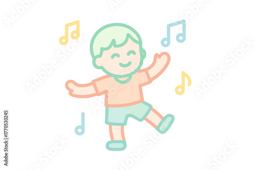 Single vector icon showing a happy child dancing with floating notes in pastel colors, ideal for music education, kindergarten, and joyful design projects.