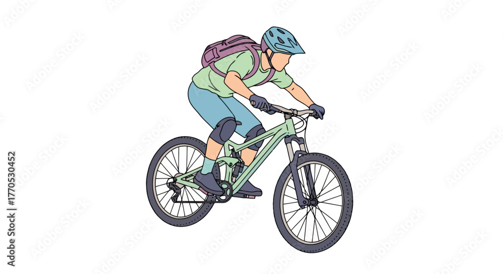 Fototapeta premium Dynamic illustration of a mountain biker riding a full suspension bike downhill, ideal for adventure, outdoor activities and sports-related design projects.