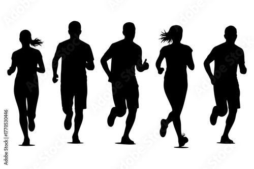 Silhouettes of five runners, a group of men and women jogging for fitness, a vector illustration of a marathon group isolated on a transparent background
