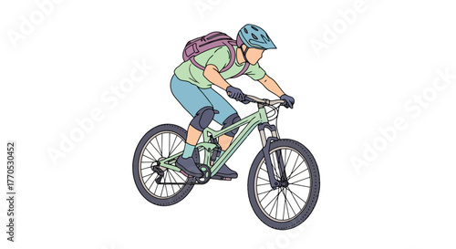 Dynamic illustration of a mountain biker riding a full suspension bike downhill, ideal for adventure, outdoor activities and sports-related design projects.
