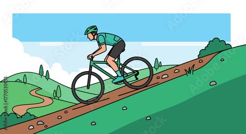 Cyclist conquering a mountain trail, highlighting outdoor adventure, fitness, and sustainable transportation for travel and sports promotions.