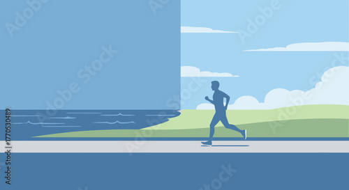 Silhouette of a man jogging between beach and countryside landscape, depicting healthy lifestyle and outdoor fitness for wellness campaigns and advertising
