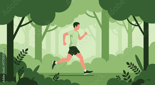 Energetic runner sprints through a vibrant green forest, promoting outdoor fitness, healthy living, and athletic training in a natural environment.
