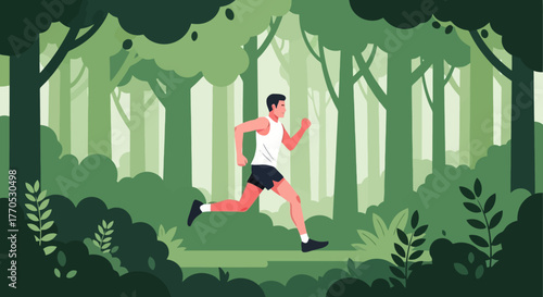 Dynamic Forest Runner Illustration for Fitness Campaigns, Outdoor Activities, and Promoting Healthy Lifestyles with a Focus on Nature and Well-being.