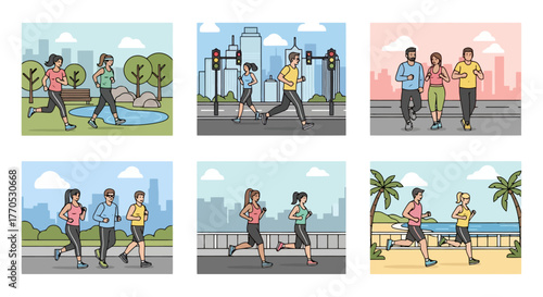 Diverse Runners Exercising in Various Urban and Natural Settings, Promoting Fitness, Well-being and Healthy Lifestyle for Active People