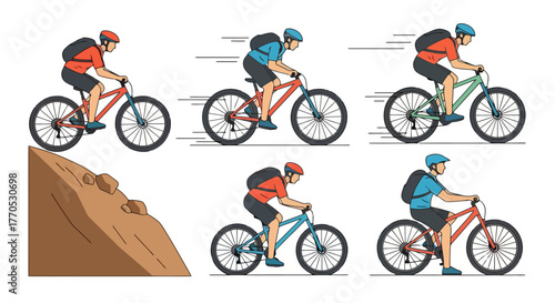 Cyclist Characters Riding Mountain Bikes on Various Terrains, Ideal for Outdoor Adventure Illustrations and Recreational Sport Visuals.