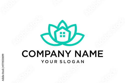 Modern Line Art Lotus Flower and House Logo Design for Real Estate or Wellness Brand