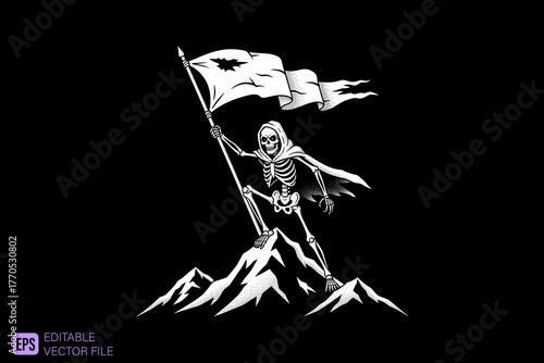 Skeleton with Flag on Mountain Peak.