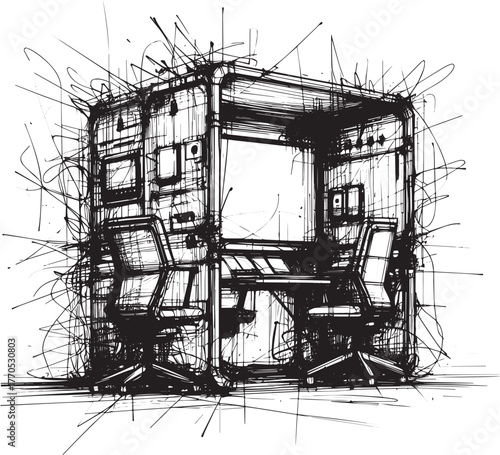 Abstract ink drawing of modern modular meeting pod showcasing un