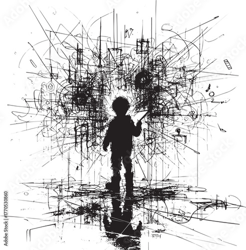 Abstract ink drawing of a child standing amidst chaotic sketch l