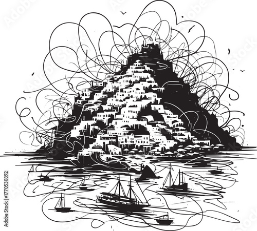 Stylized Abstract Sketch of Santorini Island, Greece with Expres