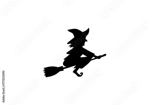 Silhouette of a witch flying on a broomstick, representing Halloween, magic, and folklore, illustrated in a simple black design on a white background.