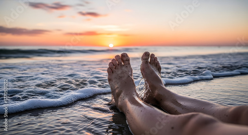 Relaxing feet at sunset on a tropical beach with ocean waves