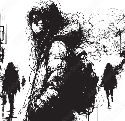 Abstract Ink Drawing: Woman Walking in Polluted Cityscape with M